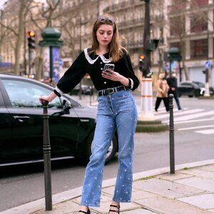 Maje Mirandal Lace-Trim Collared Cardigan, Size 1 XS/S